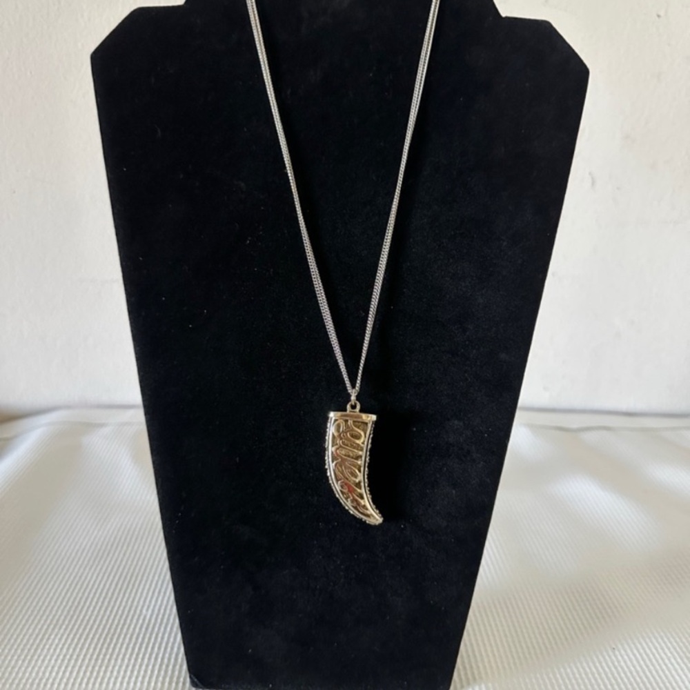 Silver-Tone Horn Pendant Necklace with Red Inlay